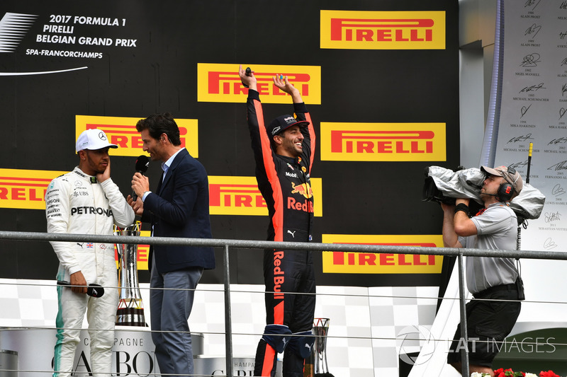 Lewis Hamilton, Mercedes AMG F1, Mark Webber, Daniel Ricciardo, Red Bull Racing celebrate on the podium