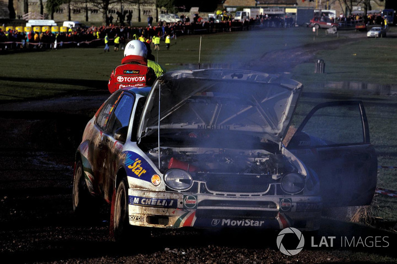 The Toyota Corolla of Carlos Sainz, Luis Moya after failing within yards of the finishing line in Ma