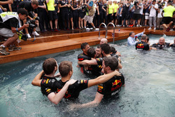 Daniel Ricciardo, Red Bull Racing, celebrates victory in the swimming pool on the Red Bull Energy St