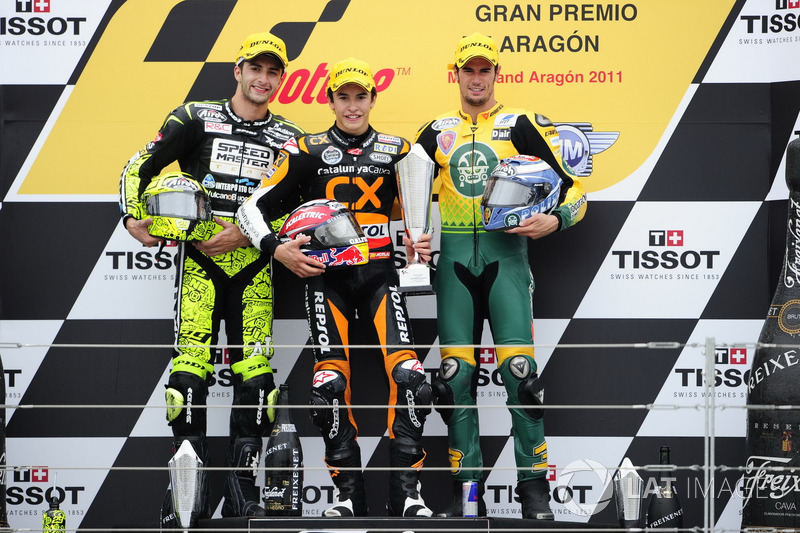 Podio: segundo lugar Andrea Iannone, ganador de la carrera Marc Márquez, tercer lugar Simone Corsi