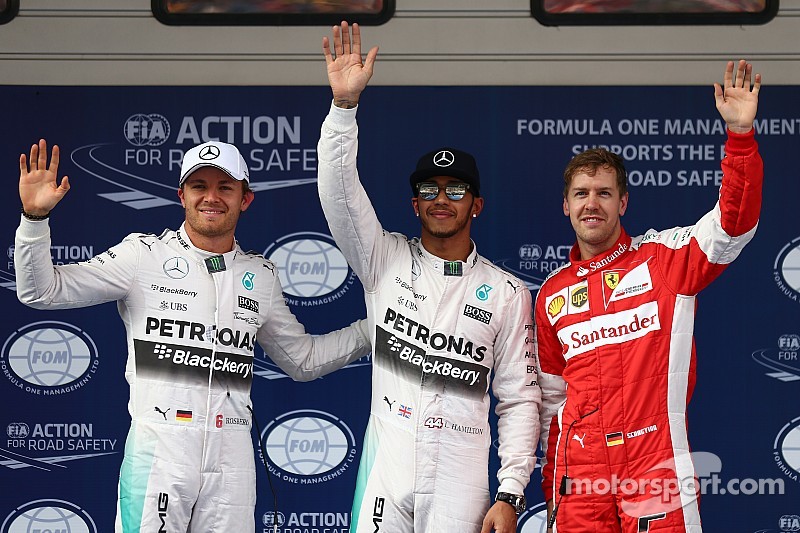 Segundo clasificado Nico Rosberg, Mercedes F1, Poleman Lewis Hamilton, Mercedes F1 y tercero clasificado Sebastian Vettel, Ferrari