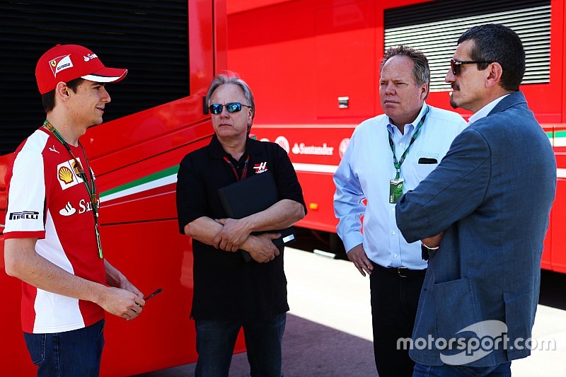 Esteban Gutierrez and Gene Haas and Joe Custer, Stewart Haas Racing Vice President and Gunther Steiner