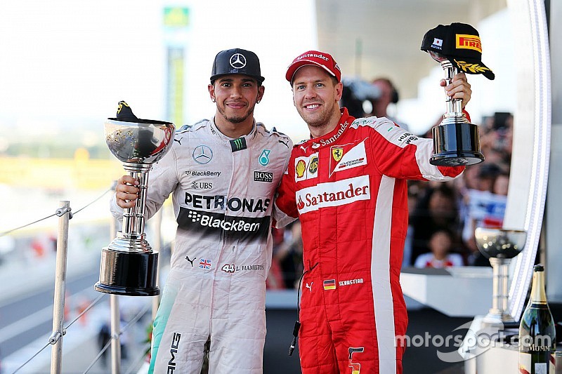 Lewis Hamilton, Mercedes AMG F1 Team en Sebastian Vettel, Ferrari