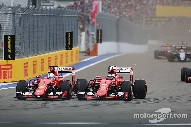 (L to R): Sebastian Vettel, Ferrari SF15-T and team mate Kimi Raikkonen, Ferrari SF15-T battle for position
