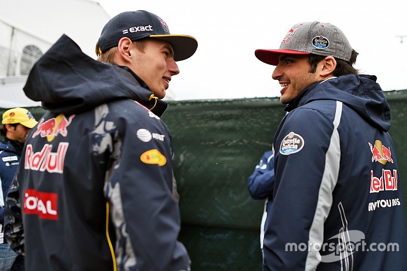 (L to R): Max Verstappen, Red Bull Racing with team mate Carlos Sainz Jr., Scuderia Toro Rosso