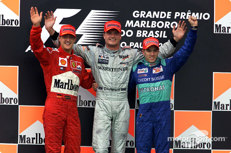 The podium: Michael Schumacher, David Coulthard and Nick Heidfeld