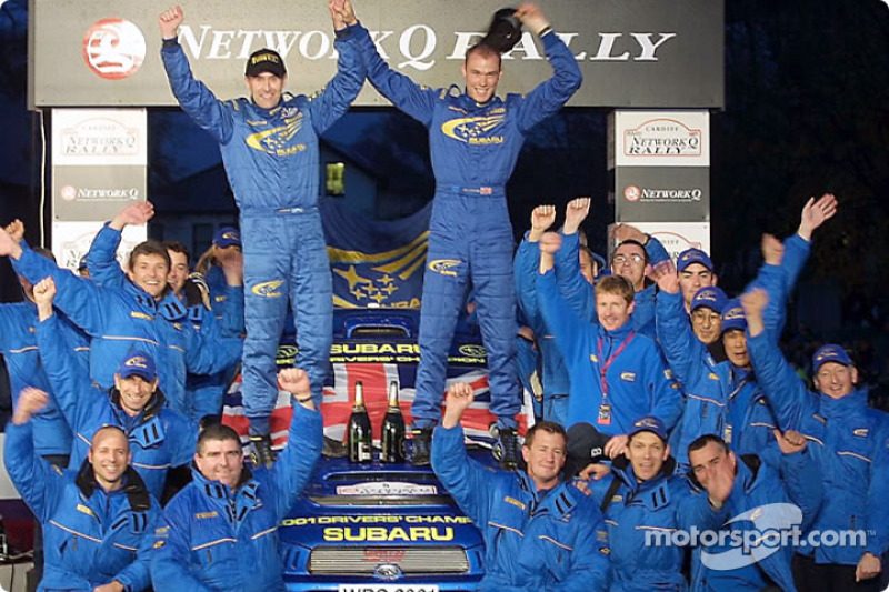 Richard Burns, Robert Reid and Team Subaru celebrating