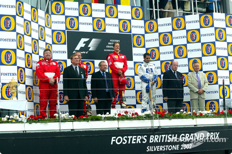 The podium: race winner Michael Schumacher with Rubens Barrichello and Juan Pablo Montoya