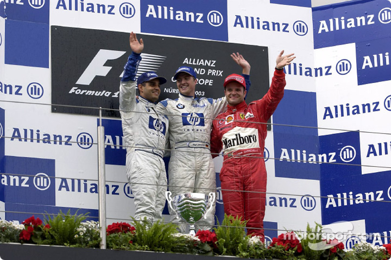 The podium: race winner Ralf Schumacher, Juan Pablo Montoya and Rubens Barrichello