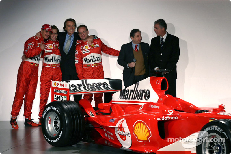 Michael Schumacher, Luca Badoer, Luca di Montezemelo, Rubens Barrichello, Jean Todt and Piero Ferrari