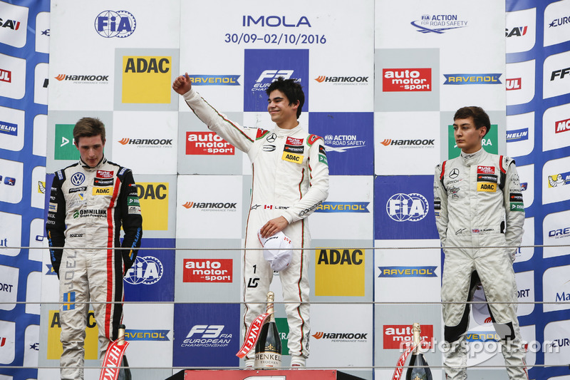 Podium : le vainqueur Lance Stroll, Prema Powerteam Dallara F312 Mercedes-Benz; le deuxième, Joel Eriksson, Motopark Dallara F312 Volkswagen; le troisième, George Russell, HitechGP Dallara F312 Mercedes-Benz