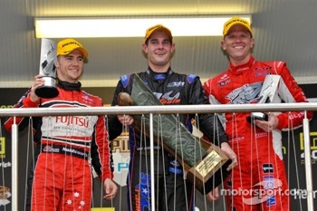 Race winner Shane Van Gisbergen, second place Lee Holdsworth, third place Garth Tander