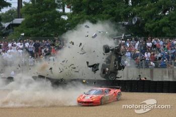 #3 Audi Sport North America Audi R18 TDI: Rinaldo Capello, Tom Kristensen, Allan McNish and #58 Luxury Racing Ferrari 458 Italia: Anthony Beltoise, Francois Jakubowski, Pierre Thiriet crash