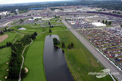 Aerial view of Indianapolis Motor Speeway: the golf, turns 1 and 2