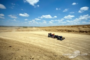 David Coulthard drives the Red Bull F1 car on the Circuit of the Americas in construction