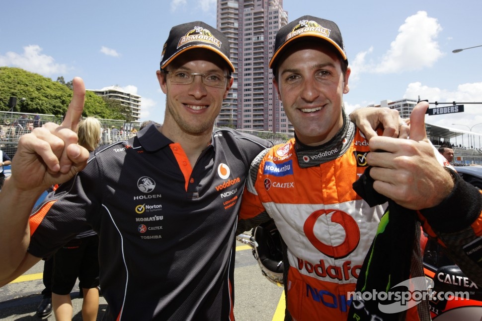 Jamie Whincup and Sébastien Bourdais celebrate pole