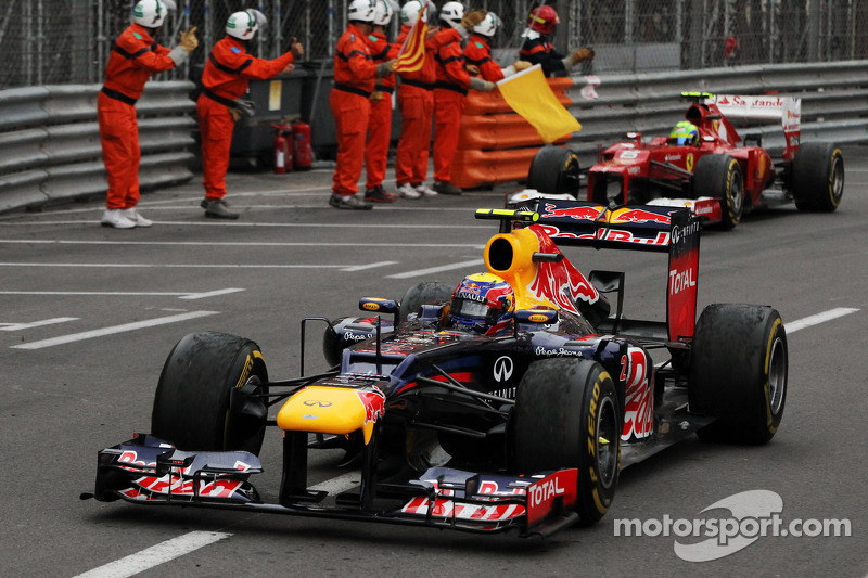 Race winner Mark Webber, Red Bull Racing celebrates at the end of the race