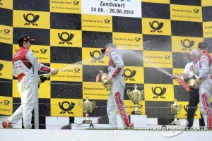 Podium: race winner Edoardo Mortara, Audi Sport Team Rosberg, second place Mike Rockenfeller, Audi Sport Team Phoenix Racing, third place Mattias Ekström, Audi Sport Team Abt Sportsline