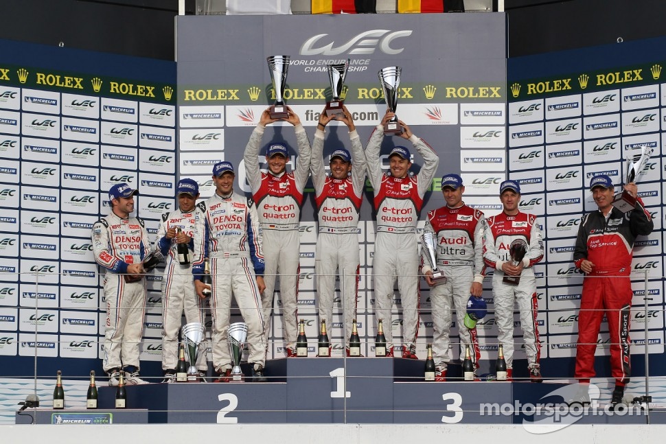 LMP1 podium: race winners Andre Lotterer, Benoit Tréluyer, Marcel Fässler, second place Nicolas Lapierre, Kazuki Nakajima, Alexander Wurz, third place Allan McNish, Tom Kristensen