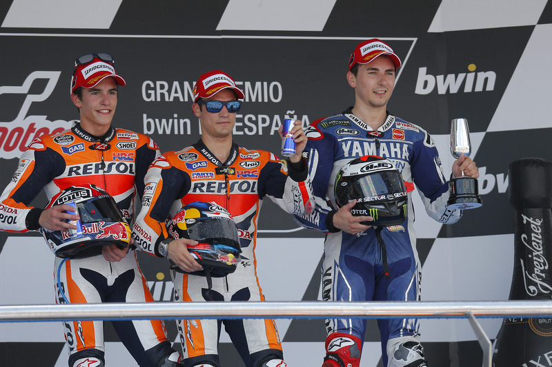 pódio: segundo colocado Marc Marquez, Repsol Honda Team, vencedor Dani Pedrosa, Repsol Honda Team, terceiro colocado Jorge Lorenzo, Yamaha Fatory Racing