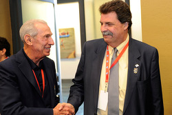 NASCAR Hall of Famer Ned Jarrett talks with NASCAR President Mike Helton