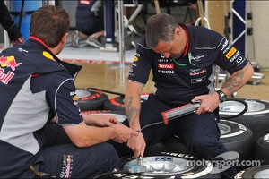 Red Bull Racing mechanics prepare Pirelli tyres