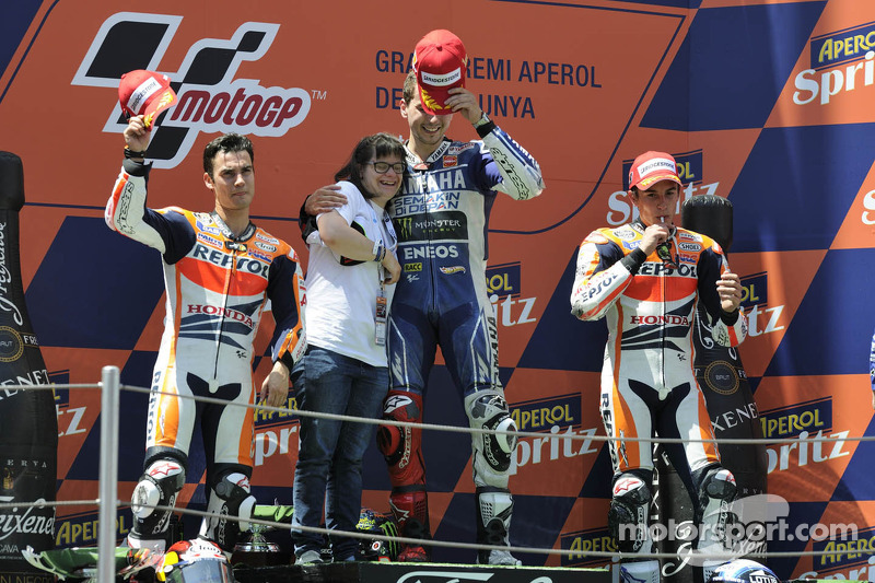 Race winner Jorge Lorenzo, Yamaha Factory Racing, second place Dani Pedrosa, Repsol Honda Team, thir