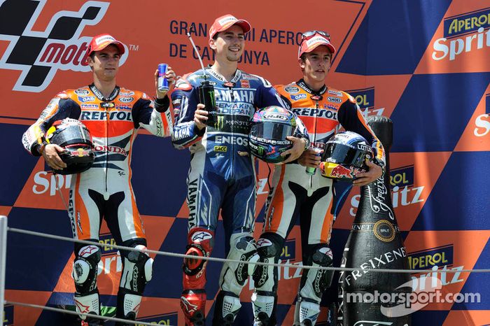Podio: 1º Jorge Lorenzo, 2º Dani Pedrosa, 3º Marc Márquez
