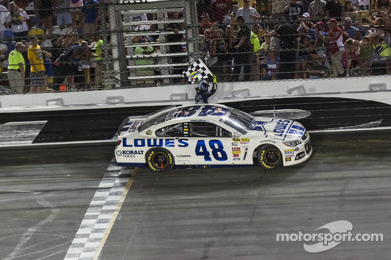 Race winner Jimmie Johnson celebrates