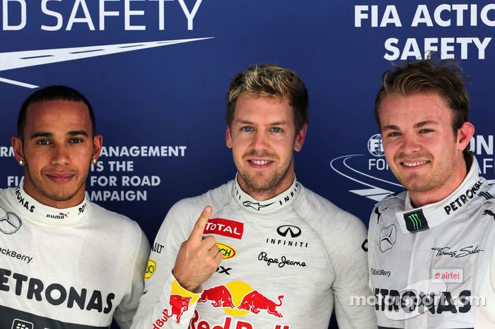 2.Sebastian Vettel-Nico Rosberg-Lewis Hamilton: 14