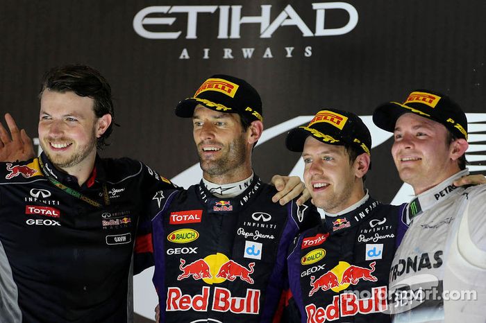 2013: Mark Webber, Red Bull Racing, Sebastian Vettel, Red Bull Racing y Nico Rosberg, Mercedes GP