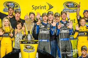 Championship victory lane: NASCAR Sprint Cup Series 2013 champion 2013 Jimmie Johnson, Hendrick Motorsports Chevrolet with his team