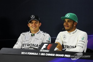 Nico Rosberg, Mercedes AMG F1 and team mate Lewis Hamilton, Mercedes AMG F1 in the FIA Press Conference