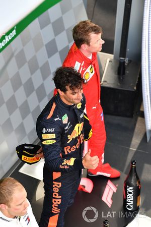 Daniel Ricciardo, Red Bull Racing and Kimi Raikkonen, Ferrari on the podium