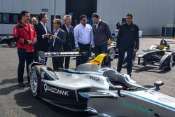 The first 10 Formula E cars are delivered and presented: Formula E CEO Alejandro Agag with Alain Prost and other team owners