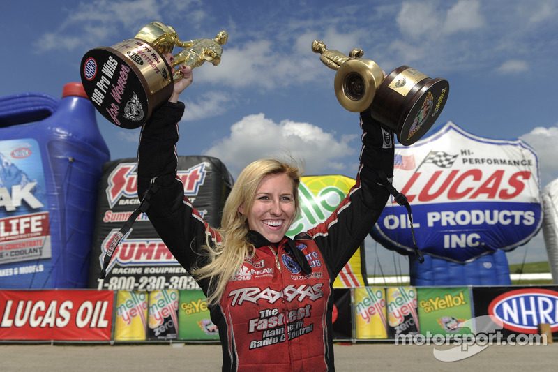 Courtney Force celebrates the 100th win for women