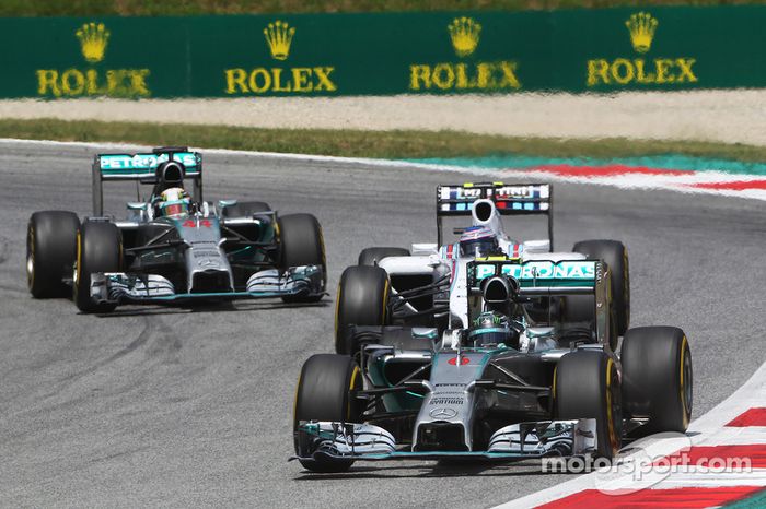 Nico Rosberg, Mercedes AMG F1 W05, Valtteri Bottas, Williams FW36 y Lewis Hamilton, Mercedes AMG F1