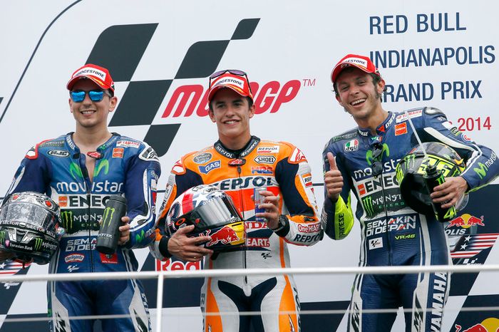 Podio: 1º Marc Márquez, 2º  Jorge Lorenzo, 3º Valentino Rossi