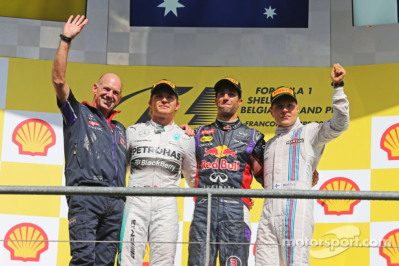 Podium: race winner Daniel Ricciardo, second place Nico Rosberg, third place Valtteri Bottas