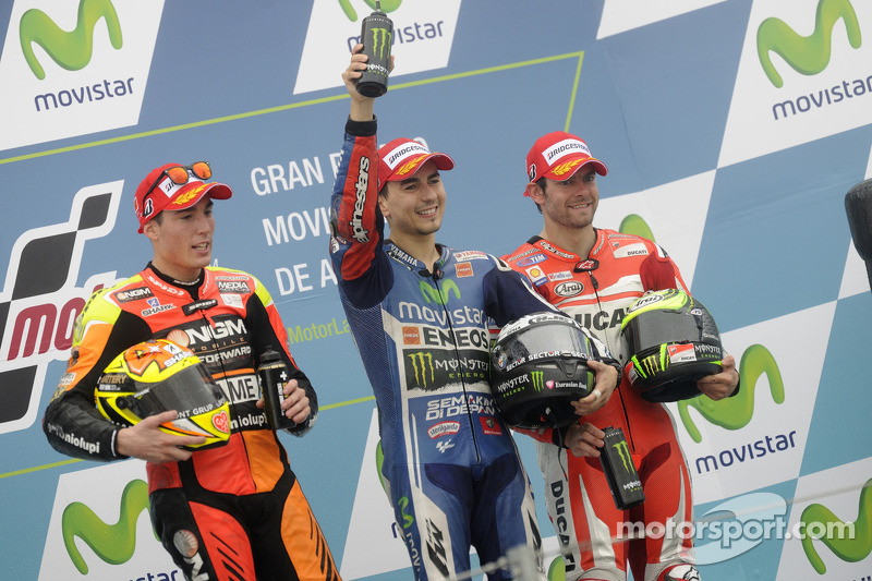 Podio: carrera ganador Jorge Lorenzo, segundo lugar Aleix Espargaró, tercer lugar Cal Crutchlow