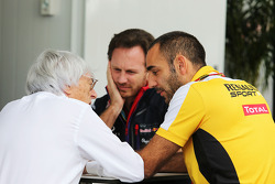 Bernie Ecclestone, with Christian Horner, Red Bull Racing Team Principal and Cyril Abiteboul, Renault Sport F1 Managing Director