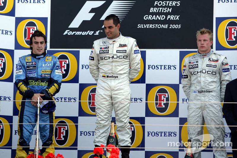 Podio de F1 en Silverstone 2005: 1. Juan Pablo Montoya, 2. Fernando Alonso, 3. Kimi Räikkönen