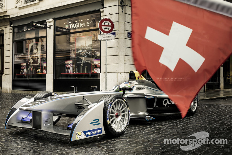 A Formula E car during a media appearance in Geneva