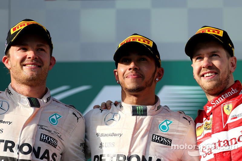 Second place Nico Rosberg, Mercedes AMG F1 Team, Race winner Lewis Hamilton, Mercedes AMG F1 Team and third place Sebastian Vettel, Scuderia Ferrari