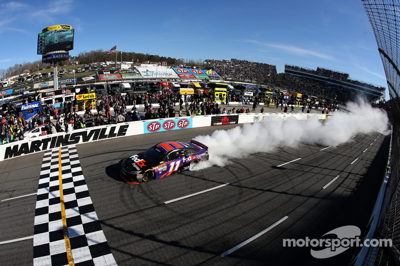 Race winner Denny Hamlin, Joe Gibbs Racing Toyota celebrates