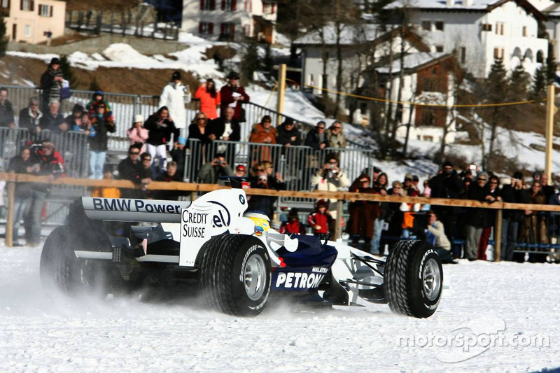 Nick Heidfeld drives a BMW Sauber F1 on the St Moritz horse racing on special spike tyres from Bridgestone