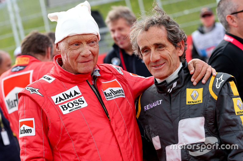 Niki Lauda, Mercedes Non-Executive Chairman and Alain Prost, at the Legends Parade