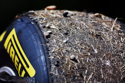 Le gomme Pirelli di Daniel Ricciardo, Red Bull Racing coperte di terra e ghiaia
