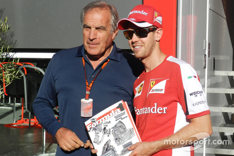 Giorgio Piola, Motorsport.com technische analist Formule 1, met Sebastian Vettel, Ferrari