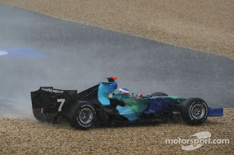 Jenson Button, Honda Racing F1 Team, RA107, spun and crashed after a torrential downpour